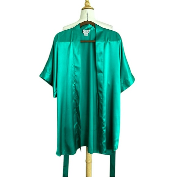 Vintage Jennifer Moore Satin Emerald Green Kimono Topper Robe, One Size - Picture 12 of 14